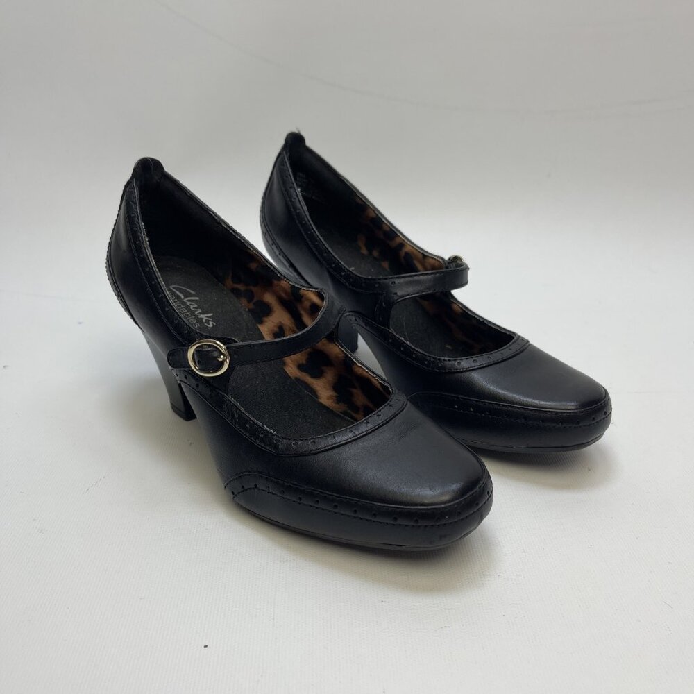 Clarks Bendables Black Leather Mary Jane Heel Shoes Womens 6M US Comfort